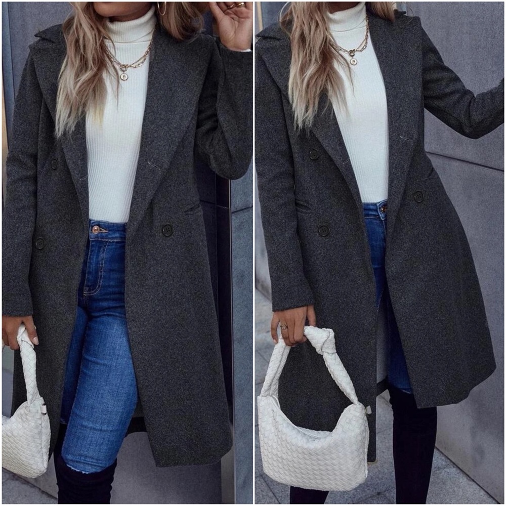 Classic Charcoal Double Breasted Button up Jacket Coat - Picture 3 of 8